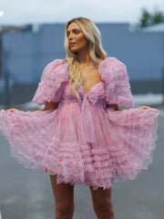 A-line Puff Sleeve Beautiful Short Prom Dress Tulle Homecoming Dress sea017|Selinadress