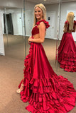 A-line Red Ruffled Crossed Top Hi-Low Layers Long Prom Dress lpk155|Selinadress
