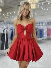 A-line Red Satin Strapless Short Prom Dress Homecoming Dress With Bow #TKL615|Selinadress