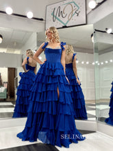A-line Royal Blue Long Prom Dresses Multi-layered Evening Dresses SEA291|Selinadress