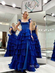 A-line Royal Blue Long Prom Dresses Multi-layered Evening Dresses SEA291|Selinadress