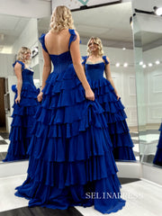 A-line Royal Blue Long Prom Dresses Multi-layered Evening Dresses SEA291|Selinadress