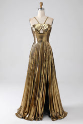 A-line Satin Gold Halter Twist Knot Long Prom Dress with Slit lps025