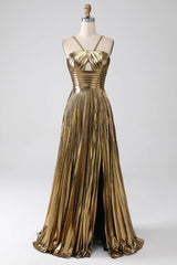A-line Satin Gold Halter Twist Knot Long Prom Dress with Slit lps025