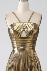 A-line Satin Gold Halter Twist Knot Long Prom Dress with Slit lps025