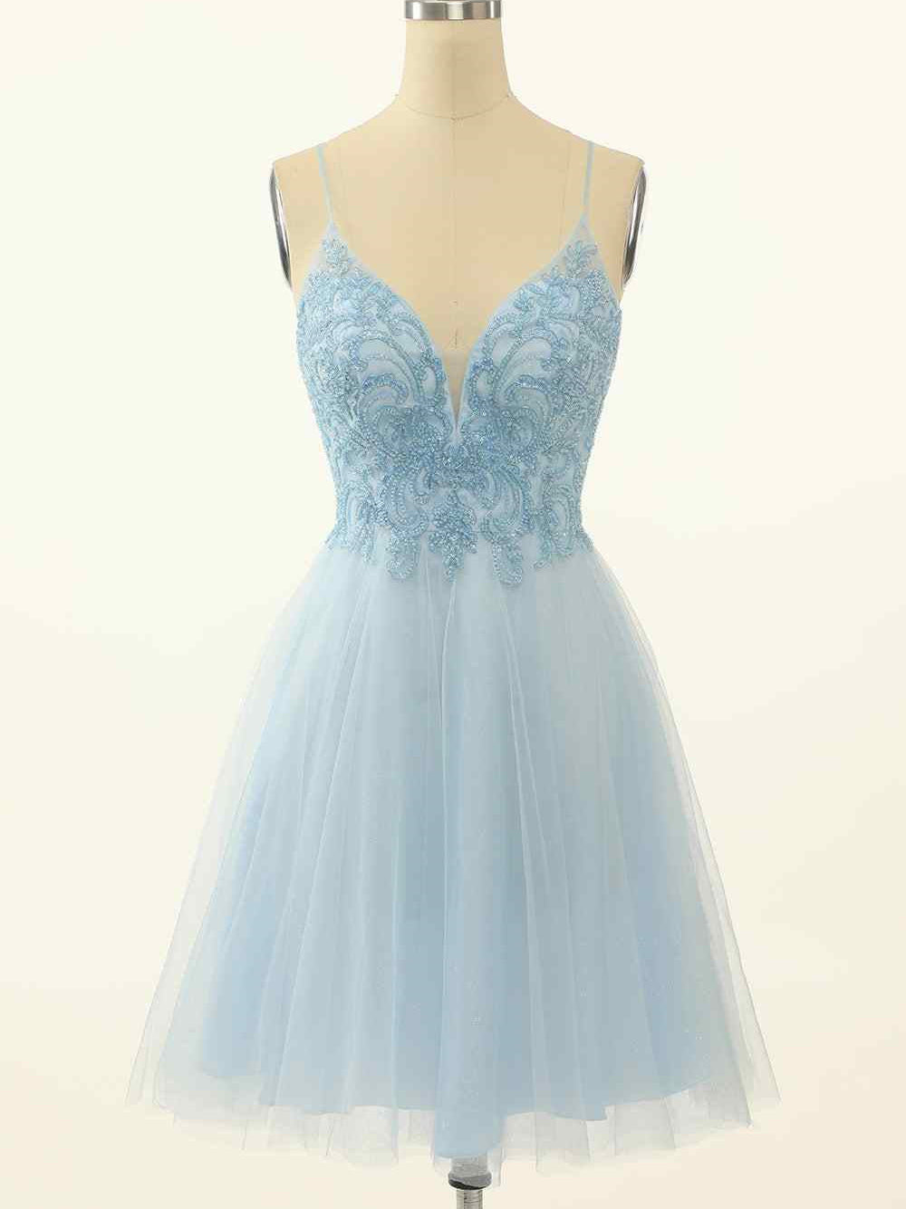 A-line Spaghetti Straps Beaded Short Prom Dress Light Sky Blue Homecoming Dress kts076|Selinadress