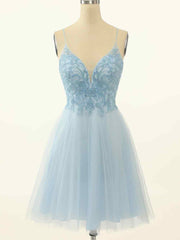 A-line Spaghetti Straps Beaded Short Prom Dress Light Sky Blue Homecoming Dress kts076|Selinadress
