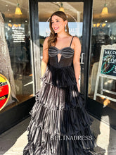 A-line Spaghetti Straps Black Long Prom Dress With Ruffles Beaded Evening Dress ABB027|Selinadress