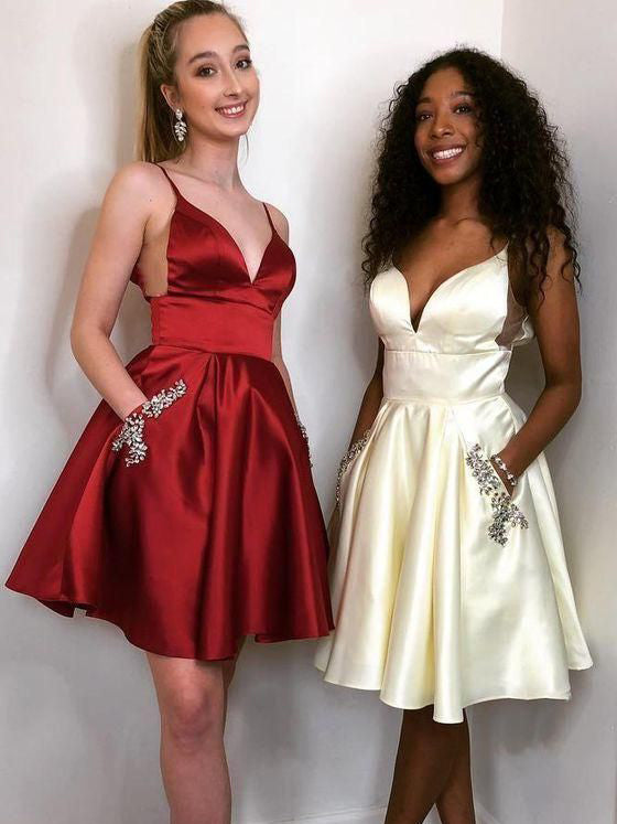 A-line Spaghetti Straps Cheap Short Prom Dress With Pocket Homecoming Dress kts100|Selinadress