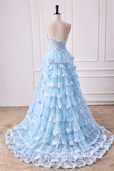 A-Line Spaghetti Straps Light Blue Floral Layers Long Prom Dress with Slit lps028|Selinadress