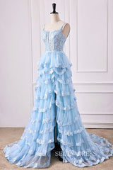 A-Line Spaghetti Straps Light Blue Floral Layers Long Prom Dress with Slit lps028|Selinadress