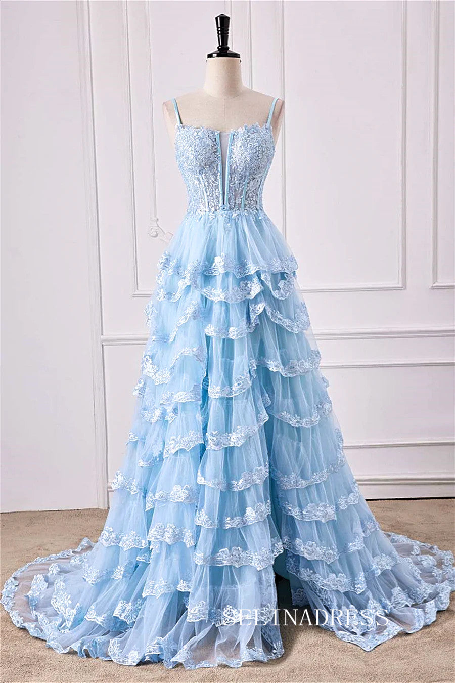 A-Line Spaghetti Straps Light Blue Floral Layers Long Prom Dress with Slit lps028|Selinadress