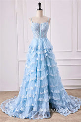 A-Line Spaghetti Straps Light Blue Floral Layers Long Prom Dress with Slit lps028|Selinadress