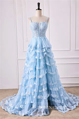 A-Line Spaghetti Straps Light Blue Floral Layers Long Prom Dress with Slit lps028|Selinadress