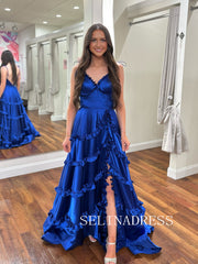 A-line Spaghetti Straps Royal Blue Long Prom Dress Cheap Evening Dress ABB016