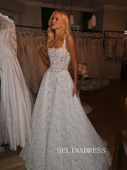 A-line Spaghetti Straps Rustic Lace Wedding Dresses White Bridal Gowns SEA136|Selinadress