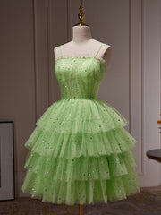 A-line Spaghetti Straps Sage Homecoming Dress Shiny Short Graduation Dress KTS011|Selinadress