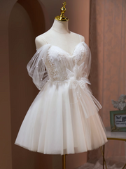 A-line Spaghetti Straps Unique White Short Prom Dress Juniors Cute Homecoming Dresses kts011|Selinadress