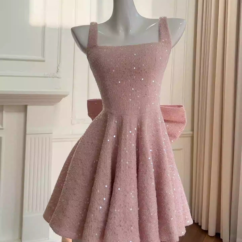 A-line Square Cute Pink Short Prom Dress Bowknot Lace Homecoming Dress
