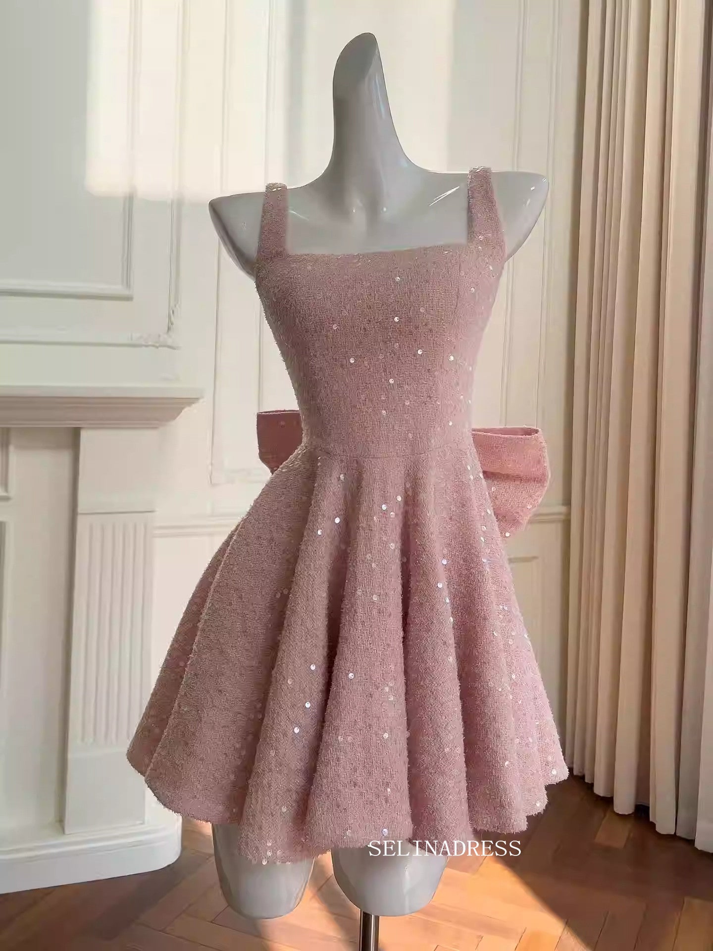 A-line Square Cute Pink Short Prom Dress Bowknot Lace Homecoming Dress SELINADRESS A-line Square Cute Pink Short Prom Dress Bowknot Lace Homecoming Dress SELINADRESS