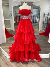 A-line Stapless Elegant Red Long Prom Dresses Ruffles Evening Gowns Formal Dresses TKS003|Selinadress