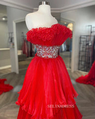 A-line Stapless Elegant Red Long Prom Dresses Ruffles Evening Gowns Formal Dresses TKS003|Selinadress
