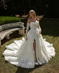 A-line Strapless 3D Lace Detachable Long Sleeve Wedding Dresses SER613|Selinadress