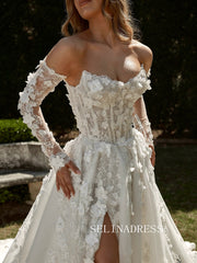 A-line Strapless 3D Lace Detachable Long Sleeve Wedding Dresses SER613|Selinadress