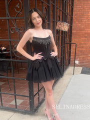 A-line Black Strapless Short Homecoming Dresses Beaded Hoco Dresses #TKL3805|Selinadress