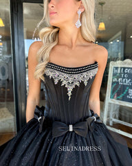 A-line Strapless Black Long Prom Dress Beaded Evening Dress ABB035|Selinadress