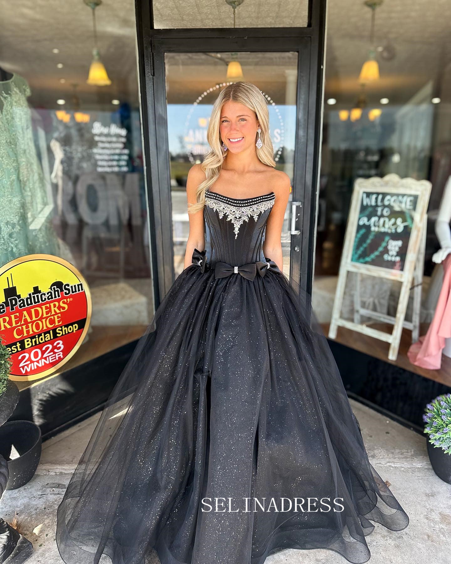 A-line Strapless Black Long Prom Dress Beaded Evening Dress ABB035|Selinadress