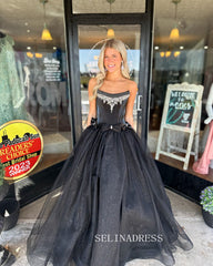 A-line Strapless Black Long Prom Dress Beaded Evening Dress ABB035|Selinadress