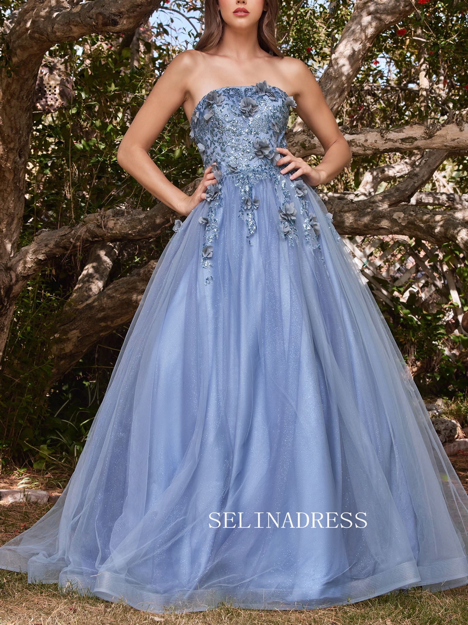A-line Strapless Blue Long Prom Dress With Appliques Evening Dress ann319|Selinadress