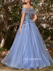 A-line Strapless Blue Long Prom Dress With Appliques Evening Dress ann319|Selinadress