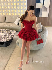 A-line Strapless Burgundy Short Homecoming Dresses With Floral #CBA020|Selinadress