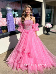 A-line Strapless Hot Pink Long Prom Dress Beaded Evening Dress ABB031|Selinadress