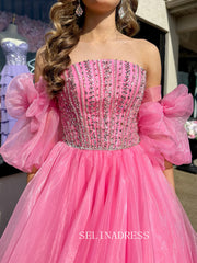 A-line Strapless Hot Pink Long Prom Dress Beaded Evening Dress ABB031|Selinadress