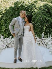 A-line Strapless Lace Flower Wedding Dresses Gorgeous White Bridal Gown EVW002|Selinadress