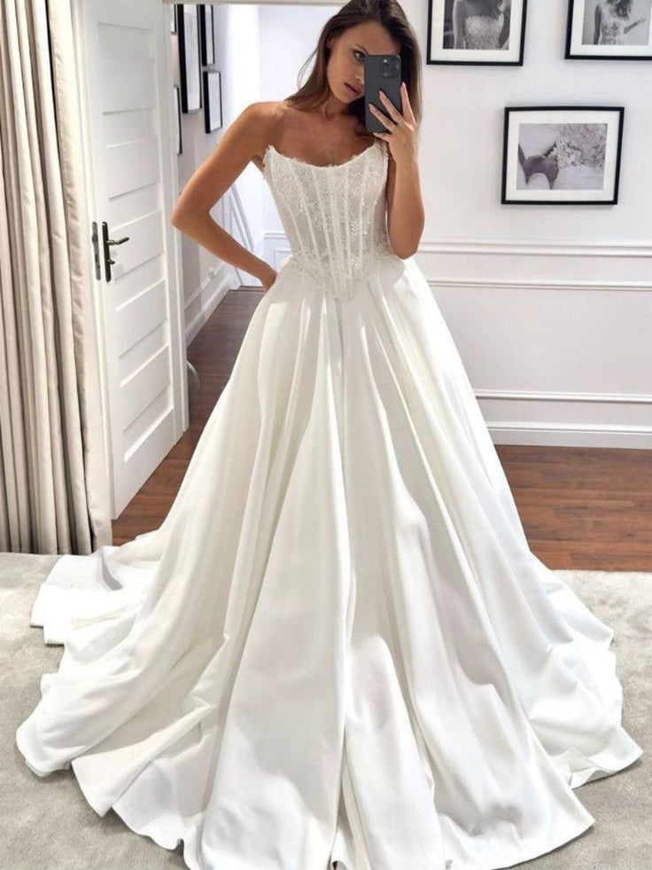 A line Strapless Lace Wedding Dresses Rustic Bridal Gowns CBA026|Selinadress