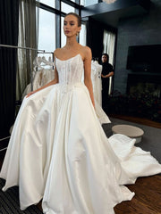 A-line Strapless Lace Wedding Dresses Rustic Satin Bridal Gowns CBA032|Selinadress