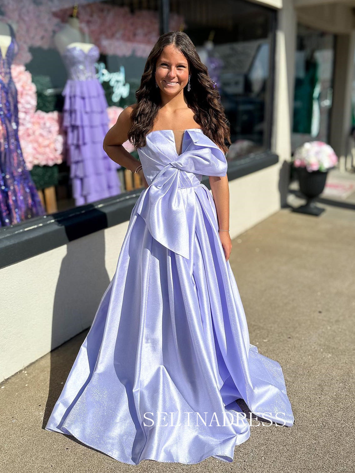 A-line Strapless Lavender Long Prom Dress Evening Dress With Big Bow ABB029|Selinadress