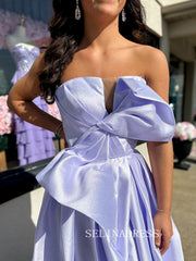 A-line Strapless Lavender Long Prom Dress Evening Dress With Big Bow ABB029|Selinadress