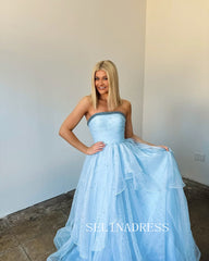 A-line Strapless Light Sky Blue Long Prom Dress Tulle Evening Dresses SEW1212