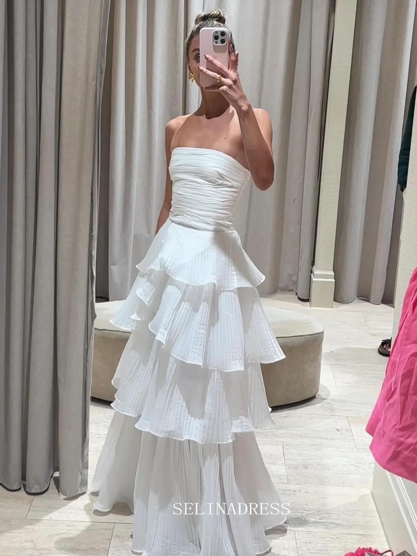 A-line Strapless Multi-layer Evening Dresses Long White Prom Gown sew1090|Selinadress