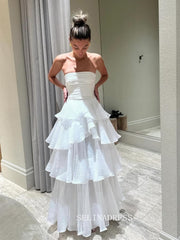 A-line Strapless Multi-layer Evening Dresses Long White Prom Gown sew1090|Selinadress