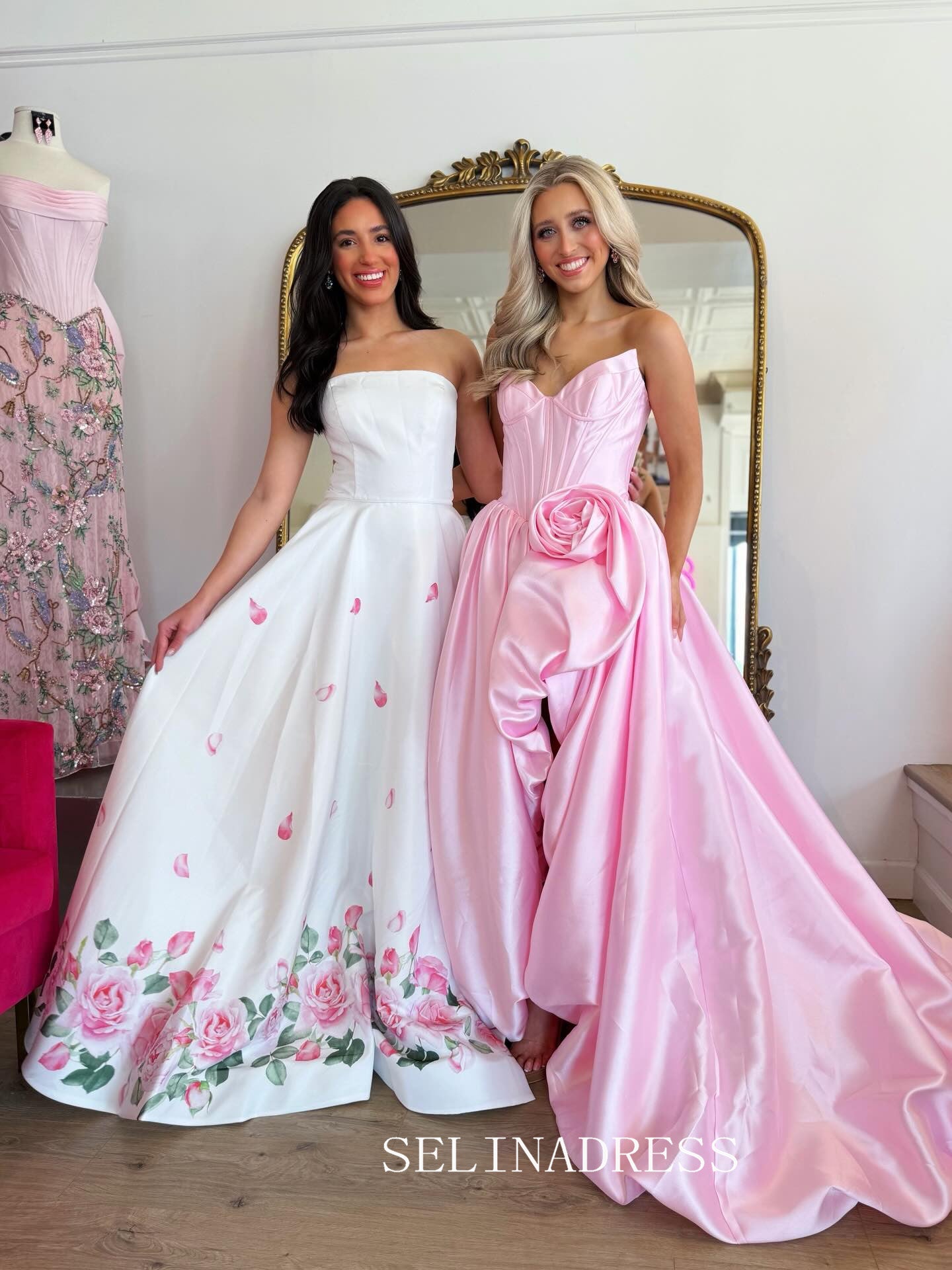 A-line Strapless Pink Prom Dresses With High Slit Elegant Evening Dresses SEA310|Selinadress