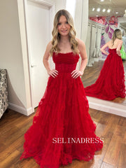 A-line Strapless Red Long Prom Dress With Ruffles Evening Dress ABB010|Selinadress