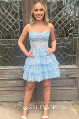 A-line Strapless Short Prom Dress Multi-layered Homecoming Dresses #sea077