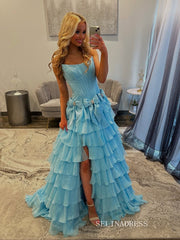 A-line Strapless Tiered Long Prom Dress Evening Dress With Split TKL600|Selinadress