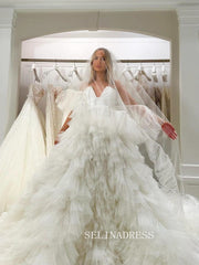 A-line Strapless V neck Ball Gown Ruffles Lyered Wedding Dresses sew1016|Selinadress